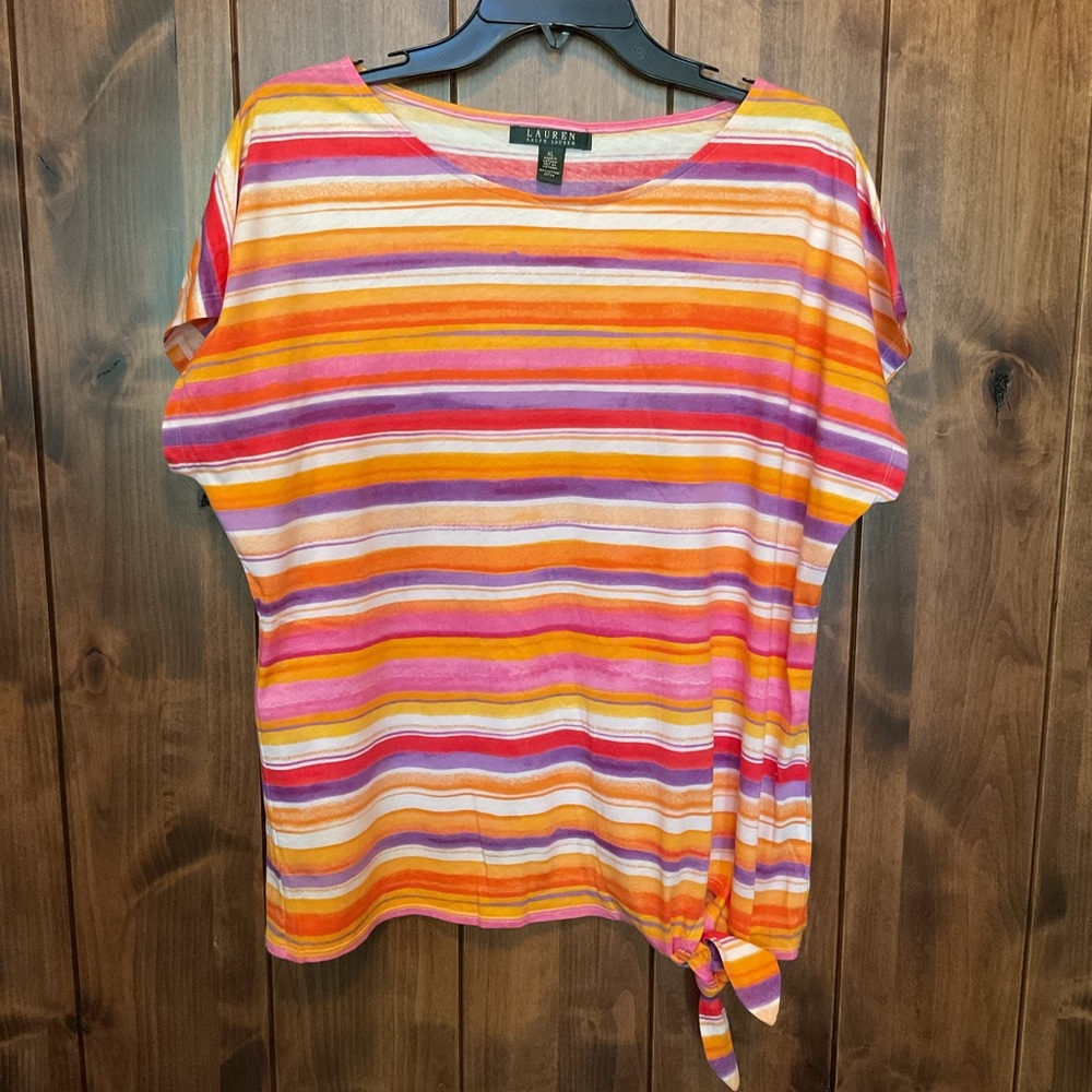 Lauren Ralph Lauren Multicolor Striped Short Sleeve Tie-Hem Top